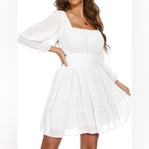 Square Neck Mini Dress Puff Sleeve Tie Back Aline Dress with Elastic Waist